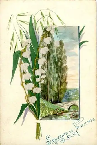 Material Ak Weiße Blumen, Bäume, Brücke, Fluss