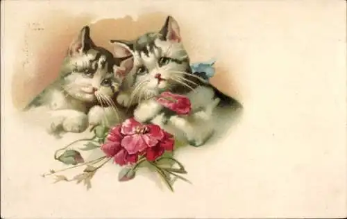 Litho Zwei Katzen, Blumen