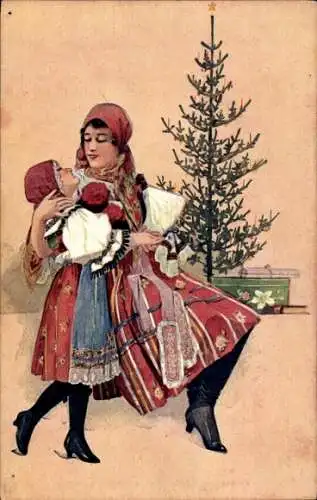 Ak Frohe Weihnachten, Tannenbaum, Mutter mit Tochter