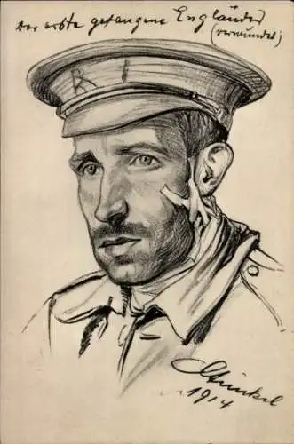 Künstler Ak der erste gefangene Engländer, Kriegsgefangener, verwundet, 1914, 1. WK