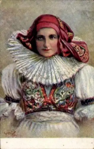 Künstler Ak Tschechoslowakische Volkstracht, Gemaltes Porträt einer jungen Frau