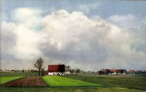 Ak Wohnhäuser, Felder, Bewölkter Himmel
