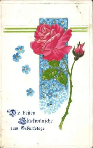 Präge Ak Glückwunsch Geburtstag, Rose, Vergissmeinnicht
