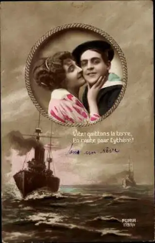 Ak Französischer Seemann mit seiner Liebsten, Kriegsschiff auf See
