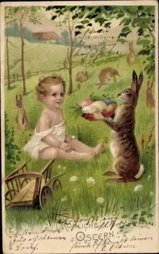 Präge Litho Frohe Ostern, Osterhase überreicht einem Kleinkind Ostereier