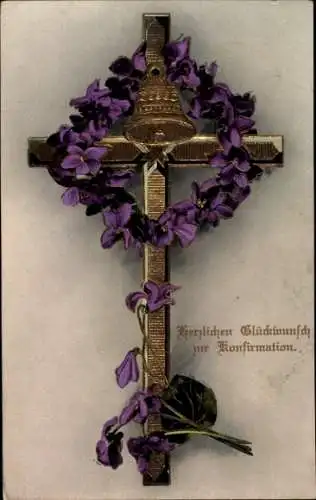Ak Glückwunsch Konfirmation, Kreuz, Blumen, Glocke