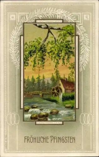 Passepartout Ak Frohe Pfingsten, Birkenzweig, Wassermühle