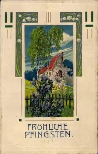 Präge Ak Glückwunsch Pfingsten, Haus, Birken, Blumen