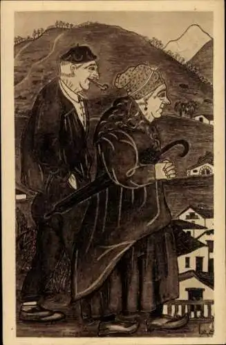 Ak Au pays Basque, type basque, Mann mit Pfeife, alte Frau