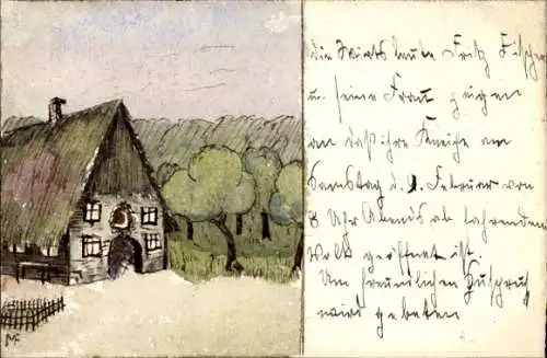 Künstler Ak Wohnhaus, Hof, Bäume