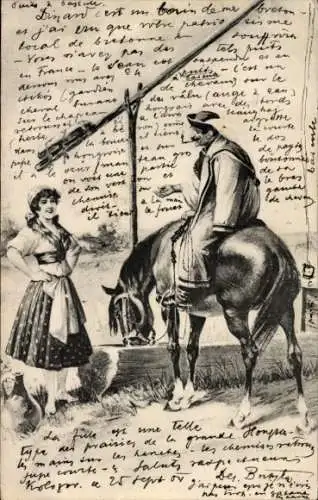 Ak Ungarischer Reiter mit Pferd an Tränke