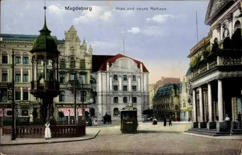 Ak Magdeburg an der Elbe, Altes und neues Rathaus, Straßenbahn
