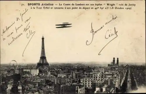 CPA Sports Aviation, Le Comte de Lambert sur son biplan Wright vole de Juvisy à la Tour Eiffel