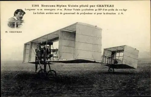 CPA Nouveau Biplan Voisin piloté par Chateau, Flugzeug