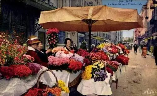 Ak Nice Nizza Alpes Maritimes, Markt mit Blumenständen, Verkäuferinnen, bunte Blumen, Straßena...