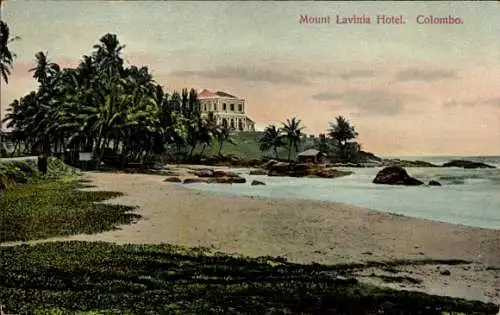 Ak Colombo Ceylon Sri Lanka, Mount Lavinia Hotel, Strand, Palmen, Küstenansicht