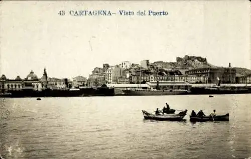 Ak Cartagena Kolumbien, Blick auf den Hafen, Boote im Vordergrund, Stadtansicht im Hintergrund