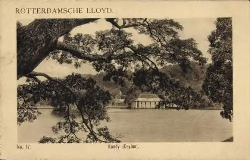 Ak Kandy Sri Lanka Ceylon, Baum, Gebäude, Fluss, historische Ansicht, Schwarzweißfoto