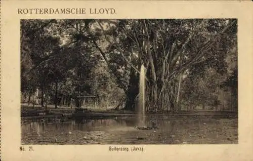 Ak Buitenzorg Bogor Java Indonesien, Fontäne, Baumgruppe, Park, historische Postkarte