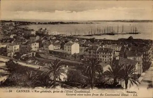 Ak Cannes Alpes Maritimes, Blick auf  Hotel Continental, Meer, Segelboote, Stadtansicht