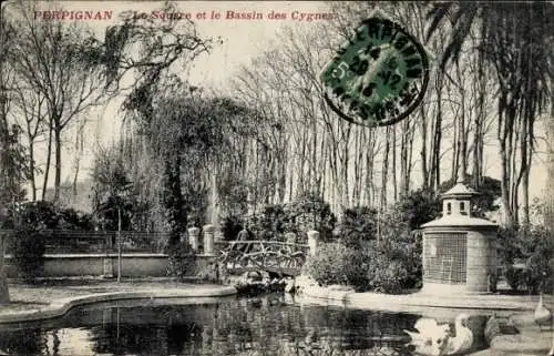 Ak Perpignan Pyrénées Orientales, Bassin des Cygnes, Park, Brücke, Schwäne