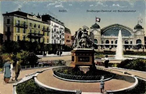 Ak Basel Stadt Schweiz, Straßburger-Denkmal, Bundesbahnhof, Brunnen, Park, Stadtbild