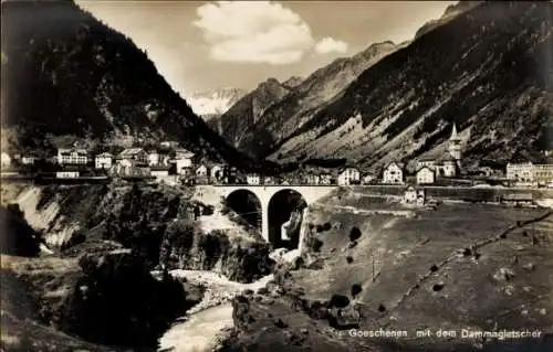 Ak Göschenen Goeschenen Kanton Uri, Berglandschaft, Gletscher, Brücke, historische Gebäude