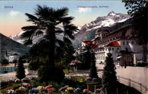 Ak Meran Merano Südtirol, Kurhaus, Giselapromenade, Palmen, Berge, Garten