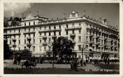 Ak Lugano Kanton Tessin Schweiz, Grand Hotel, historische Architektur, Park, Menschen, schöne ...