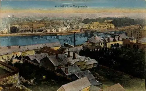 Ak Givet Ardennes, Panoramablick auf  Flussansicht, Stadtlandschaft, historische Architektur