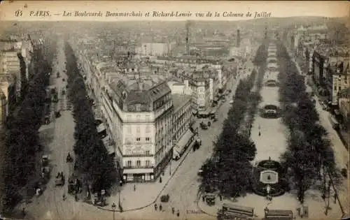 Ak Paris XI, Boulevards Beaumarchais und Richard-Lenoir, Colonne de Juillet, Schwarz-Weiß
