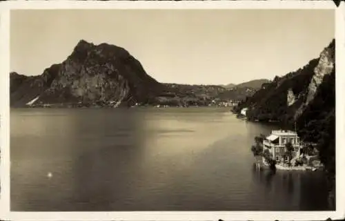 Ak Lugano Kanton Tessin Schweiz, Berglandschaft, See, Café Tea-Room, Architektur