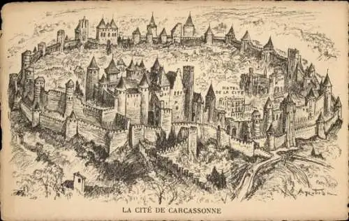 Künstler Ak Robida, Carcassonne Aude, La Cité, historische Ansicht der Festungsstadt