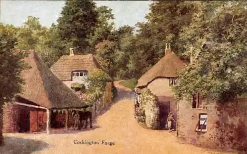 Ak Cockington South West England, Cockington Forge, ländliche Szenerie, gepflasterte Straße, F...