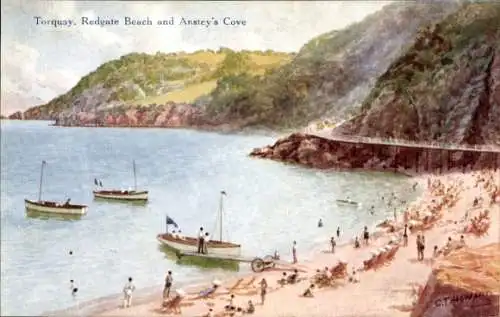 Ak Torquay Devon England, Redgate Beach, Anstey's Cove, Boote, Strand, Menschen