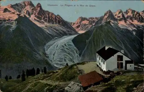 Ak Chamonix Mont Blanc Haute Savoie, Berglandschaft, Mer de Glace, Haus, Felsen, rosa Himmel