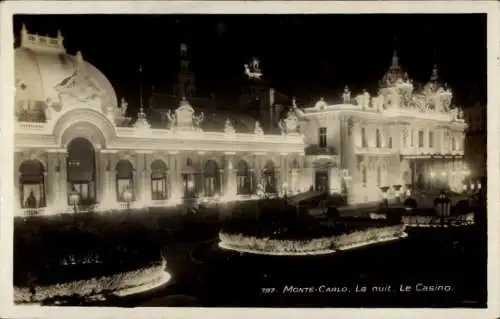 Ak Monte Carlo Monaco, Casino bei Nacht, beleuchtet, architektonische Details