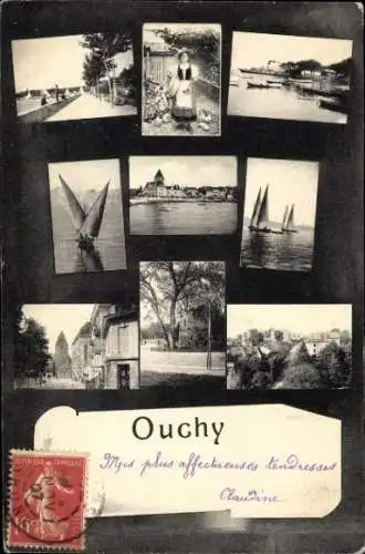 Ak Ouchy Lausanne Kanton Waadt, Bildcollage, Segelboote, nette Dame, Uferpromenade, Landschaft