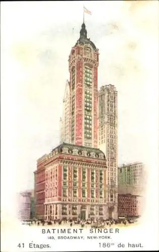 Ak New York City USA, Bâtiment Singer, 149 Broadway, 41 Etagen, 186m hoch