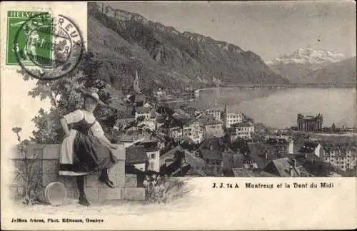 Ak Montreux Kanton Waadt Schweiz, Panorama, Dent du Midi, Mädchen in Tracht