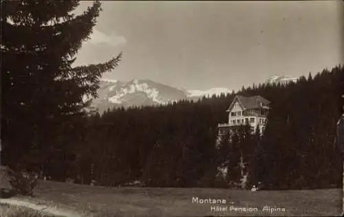 Ak Montana Kanton Wallis, Hôtel Pension Alpina, Berglandschaft, Wald, Berge im Hintergrund