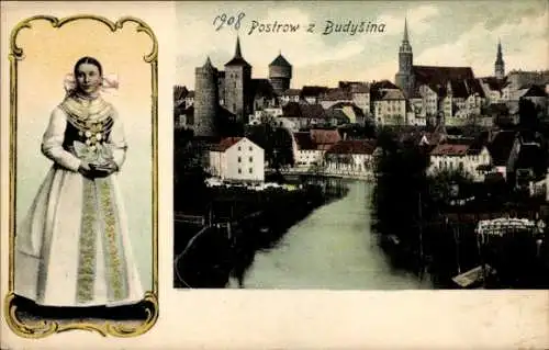 Ak Bautzen in der Oberlausitz, Frau in traditioneller Tracht, Stadtansicht von  Fluss, Türme