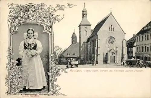 Ak Bautzen in der Oberlausitz, Wend.-Kath. Kirche zu Unseren Lieben Frauen, Kath. Wendin in Tracht
