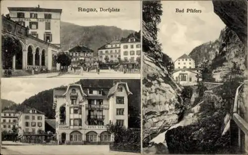Ak Pfäfers Kanton Sankt Gallen, Ragaz Dorfplatz, Bad Pfäfers, Hotel Central, malerischer Ausblick