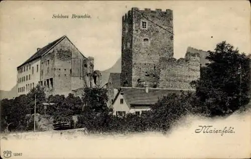 Ak Maienfeld Kanton Graubünden, Schloss Brandis,  Ruine, umgeben von Bäumen, Bild in sepia