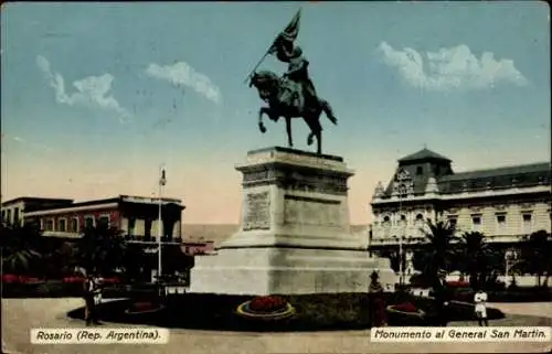 Ak Rosario Argentinien, Monumento al General San Martin, Reiterstatue, Gebäude im Hintergrund