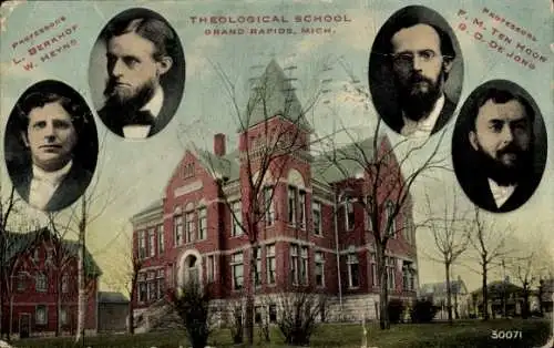Ak Grand Rapids Michigan USA, Theologische Schule, vier Professoren,  Gebäude