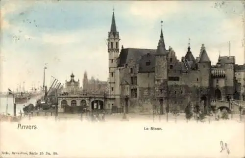 Ak Antwerpen Flandern, Anvers, Le Steen,  Gebäude, Hafen, Schiffe, farbig