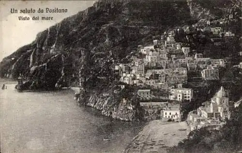Ak Positano Campania Italien, Schwarz-Weiß-Foto, Küstenansicht, Häuser an Steilküste, Schiffe im 