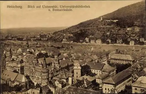 Ak Heidelberg am Neckar, Stadtansicht, Universität, Universitätsbibliothek, Bismarcksäule